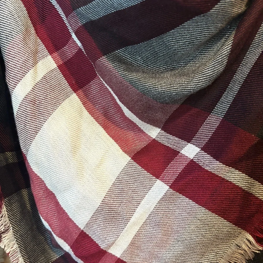 J. Jill Burgundy and Black Plaid Blanket Scarf 46x46 inches NWT